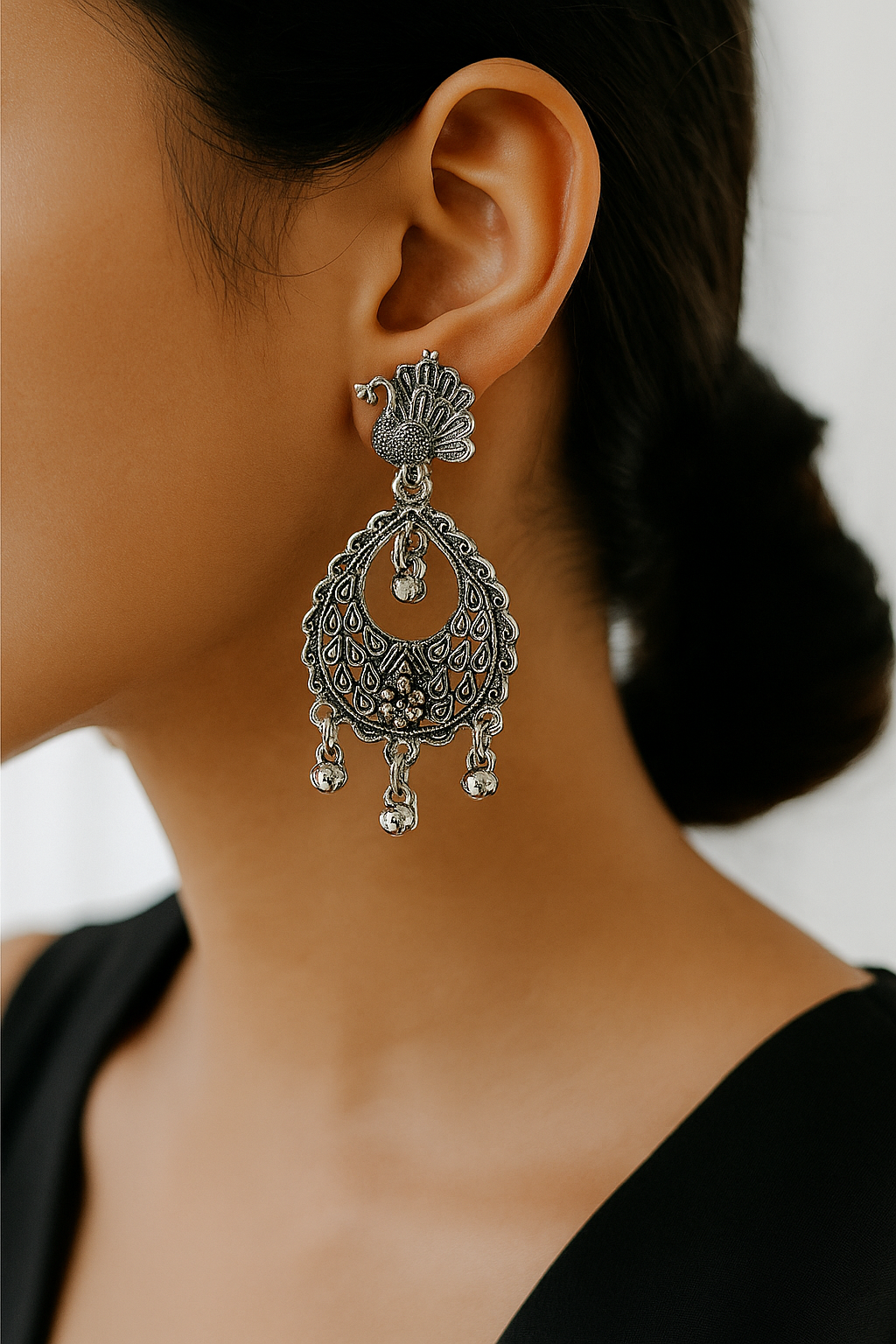 Oxidized Peacock Design Dangle Earrings with Bells
